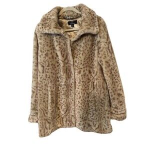 Dennis Basso Faux Fur White leopard/minx  print Coat With pockets NWOT Size M